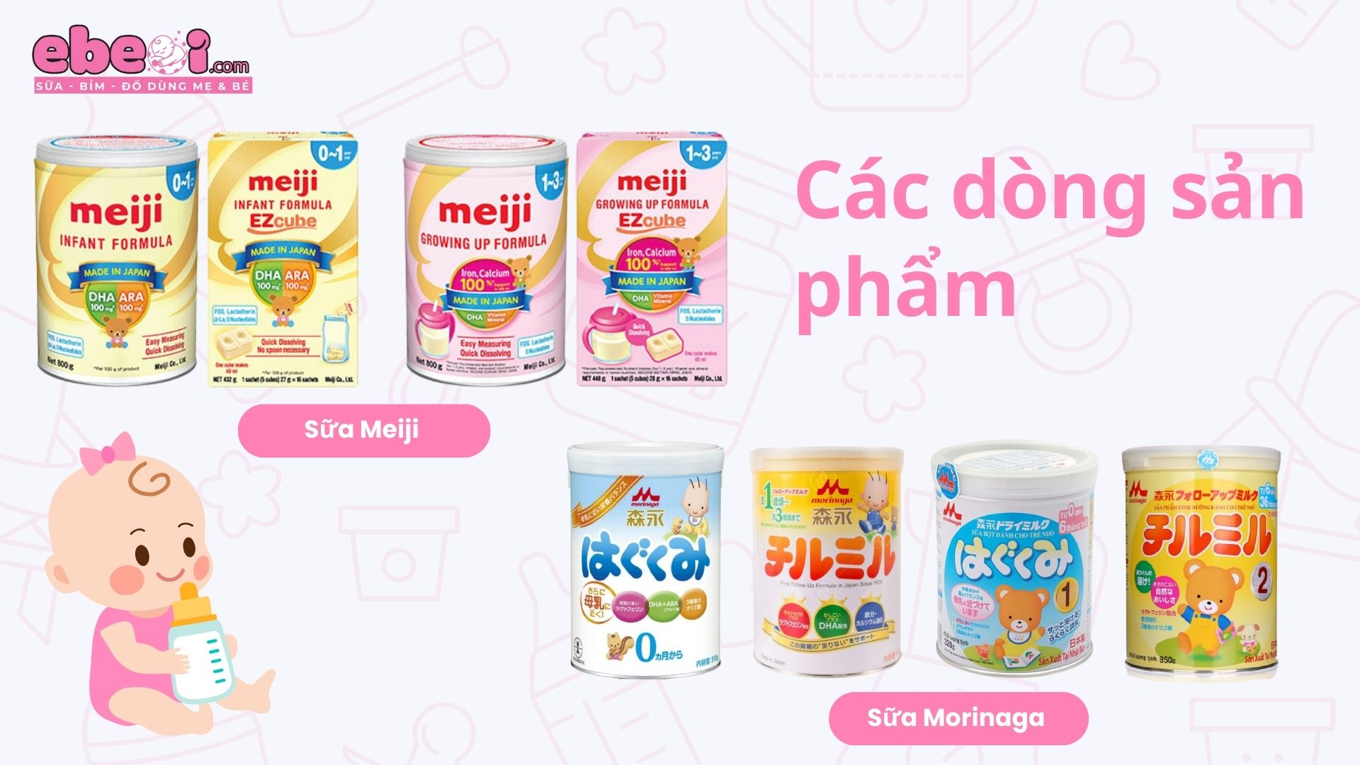 Các dòng sản phẩm sữa Morinaga và Meiji