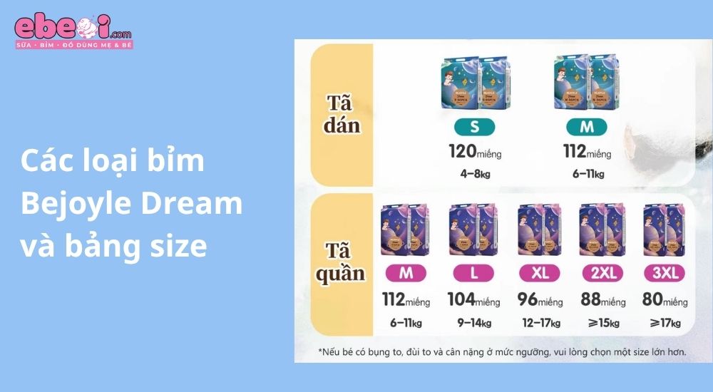 Các loại bỉm Bejoyle Dream và bảng size