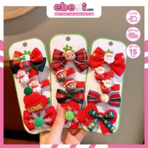 Set kẹp tóc Giáng Sinh dễ thương màu xanh đỏ cho bé gái